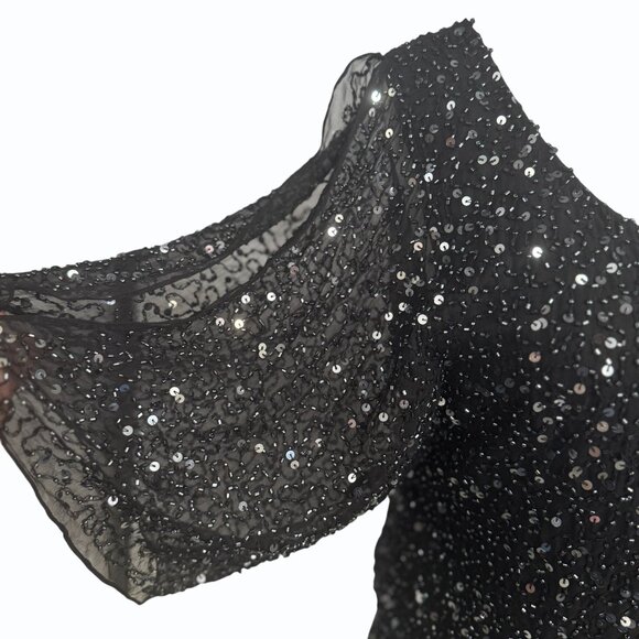 Pisarro Nights Black 100% Silk Sequin Dress Womens 8 Cold Shoulder Elegant LBD - Picture 4 of 15